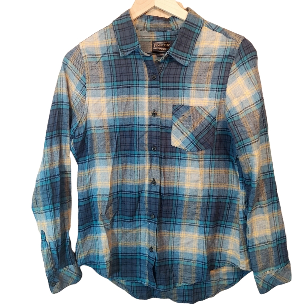 Pendleton Women's Small Button Up Plaid Flannel Teal Yellow
